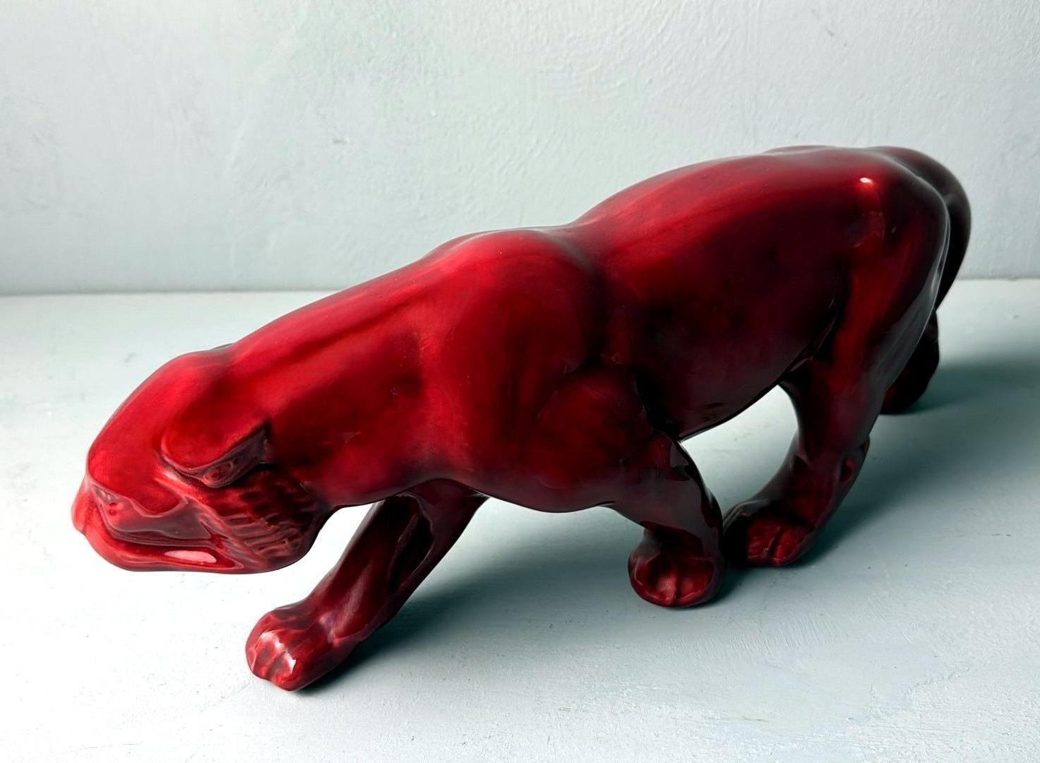 Art Deco Saint Clément Style French Panther In Antique Glazed Red Ceramic photo vinterior