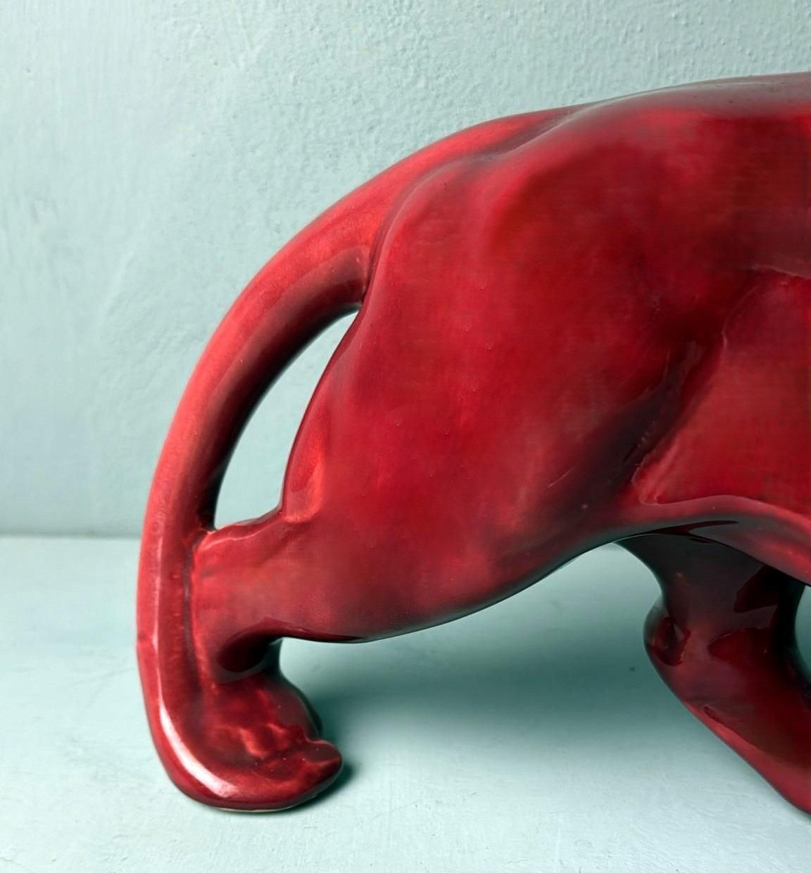 photo vinterior Art Deco Saint Clément Style French Panther In Antique Glazed Red Ceramic