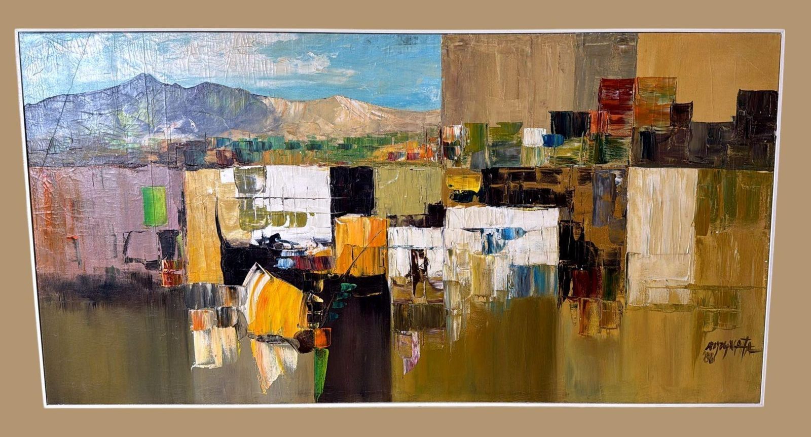 Geometric Abstraction  French Oil Painting On Canvas With Wooden Frame photo furniture