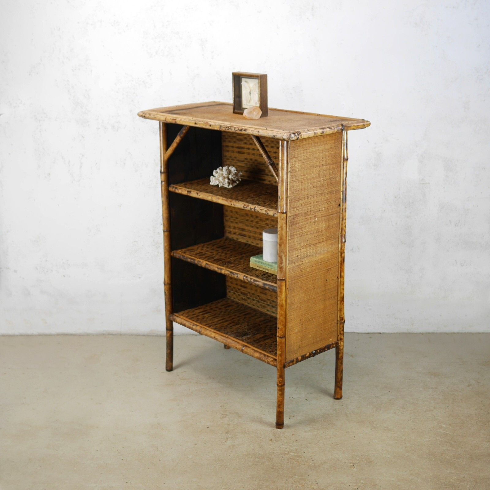 Antique Victorian Tiger Bamboo Cane Rattan Shelving Unit Bookcase #102863 photo vinterior