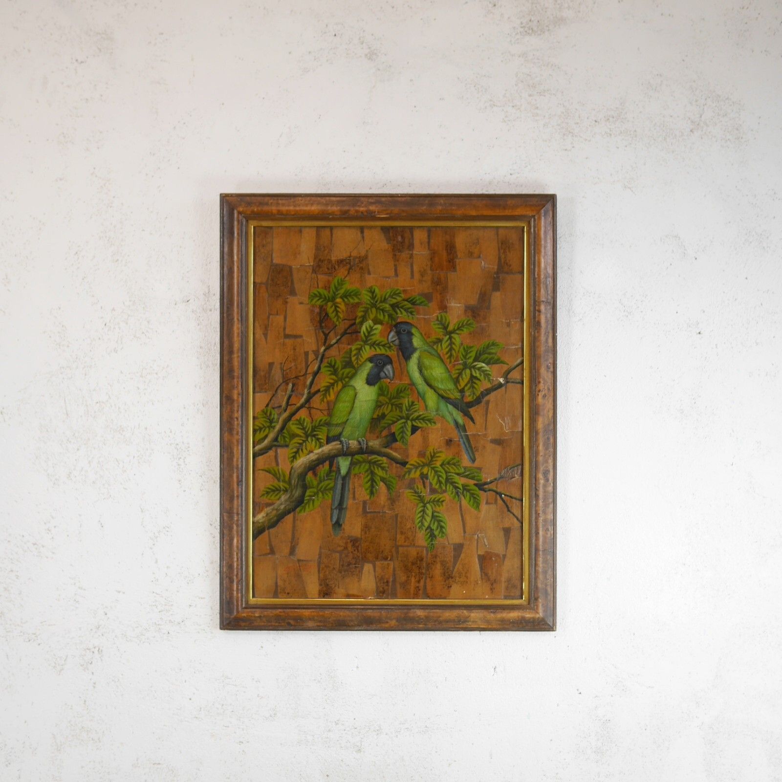 Vintage Framed Painting Of Birds Parakeets Leaf Wood Background #102851 photo vinterior