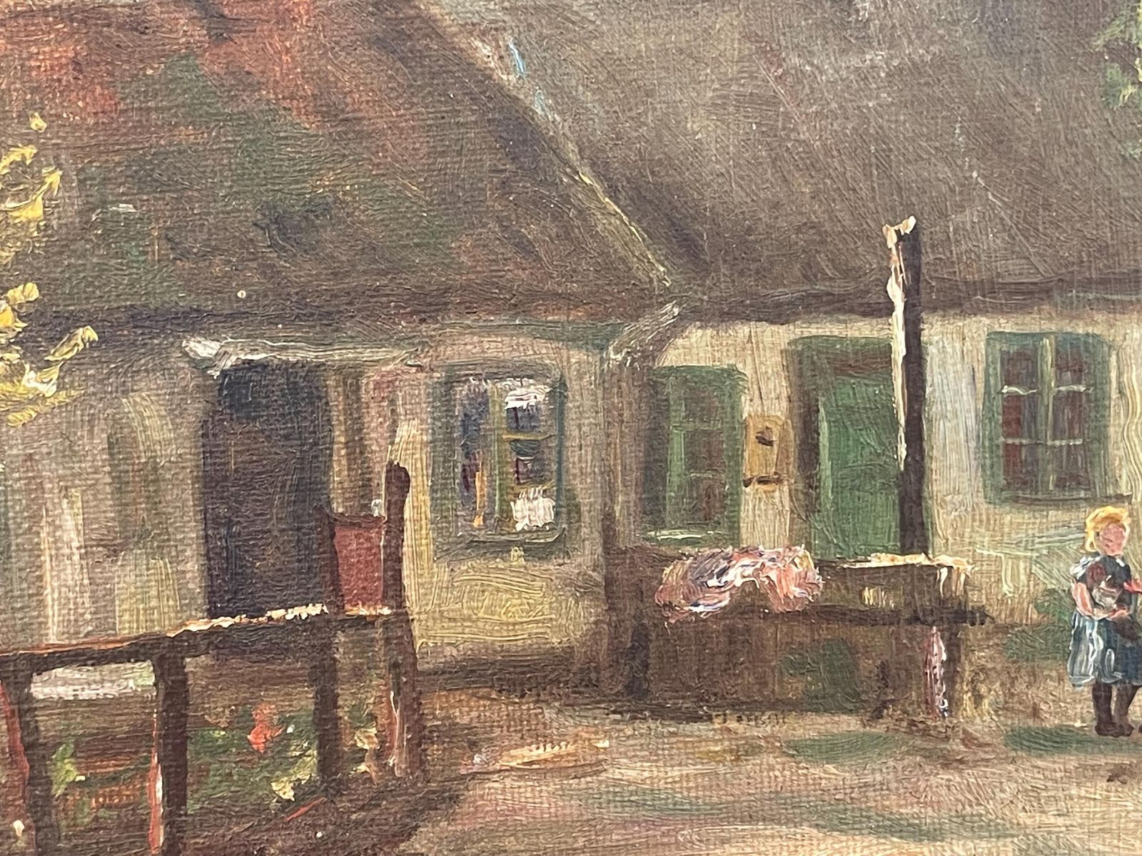 Danish Antique Early 20th Century Signed Oil On Canvas Painting With Motive Of Children Playing At A Farm In Valby, Copenhagen photo vinterior