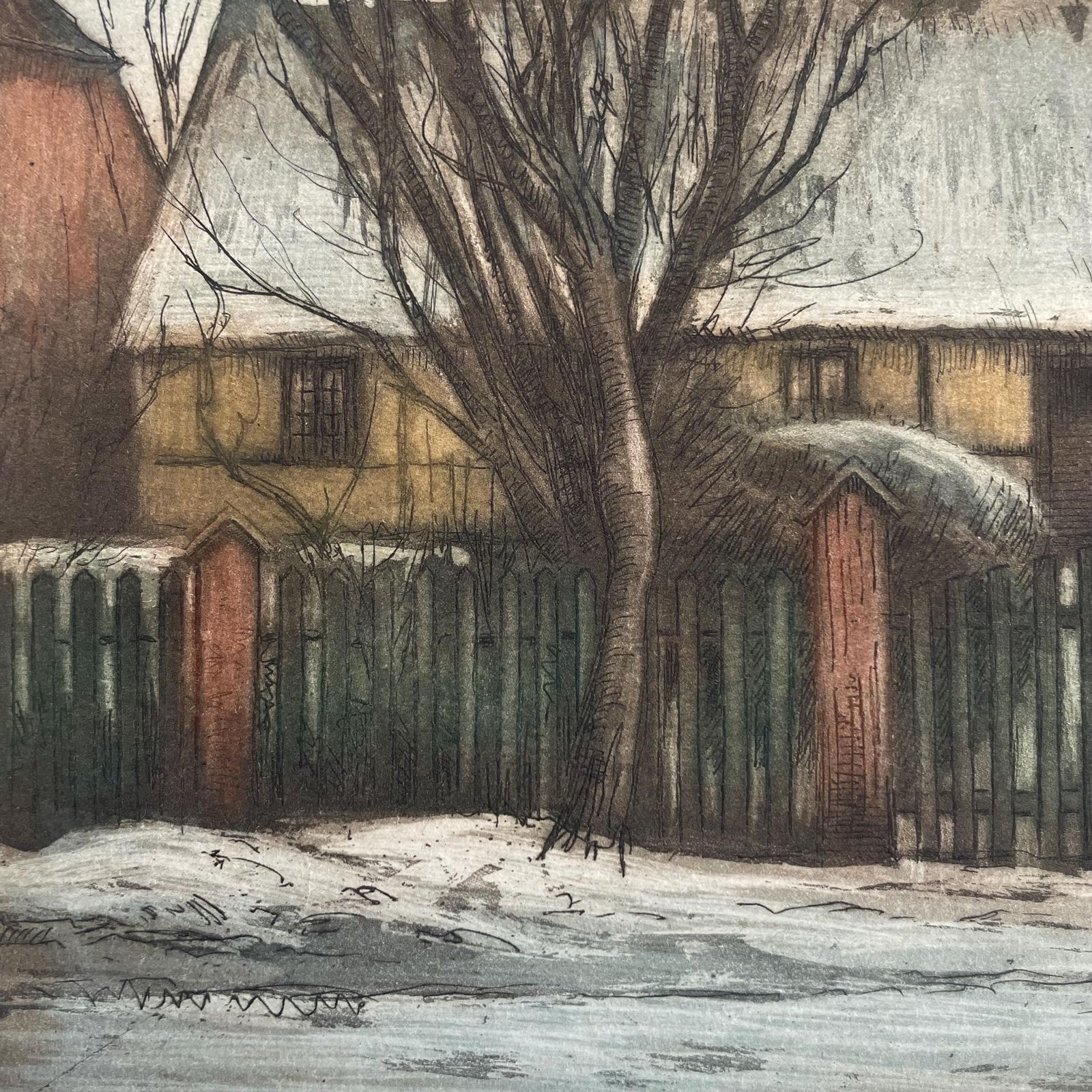 Early 20th Century Danish Handcoloured Etching From The 1930s By Peder Møller (1890 1961) With Landscape Motive Of Mill And Farm photo for sale
