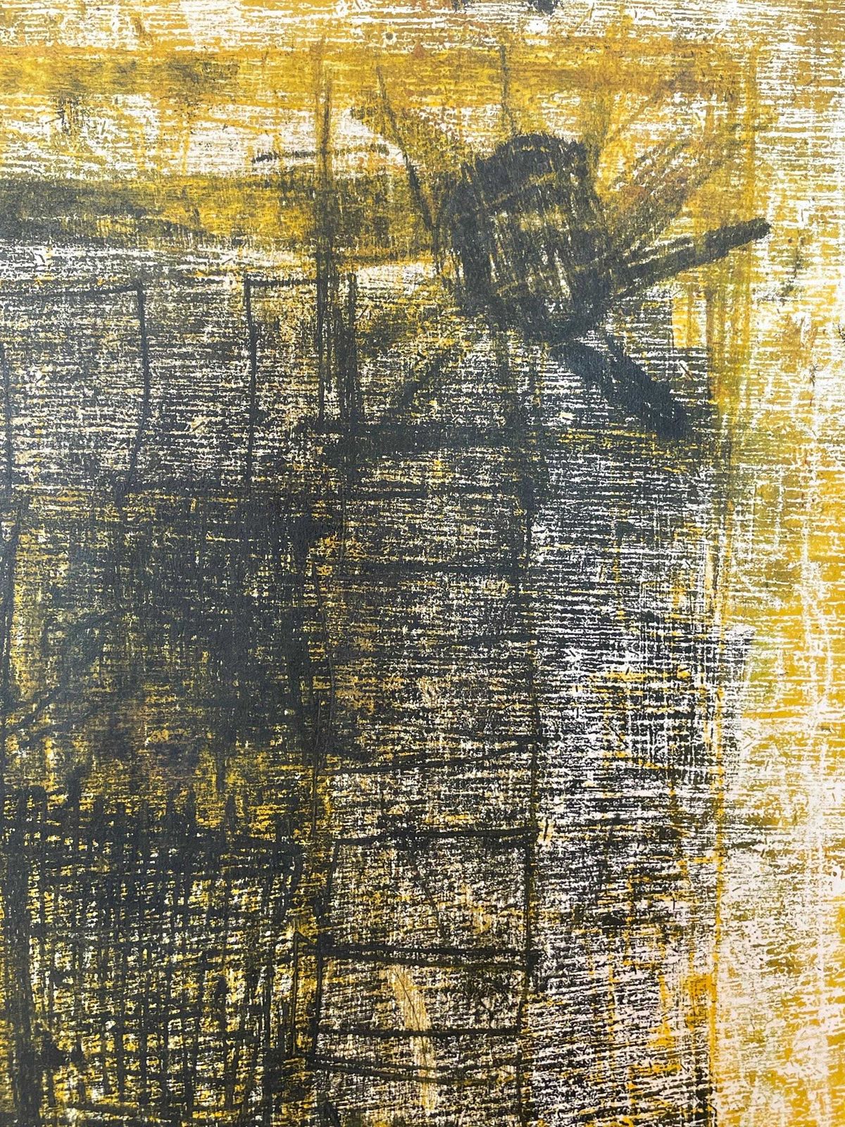 Vintage gesigneerde postmoderne print met oliepastelkrijttekening uit Denemarken, in uitgesproken geel en zwart met abstracte stijl photo vinterior