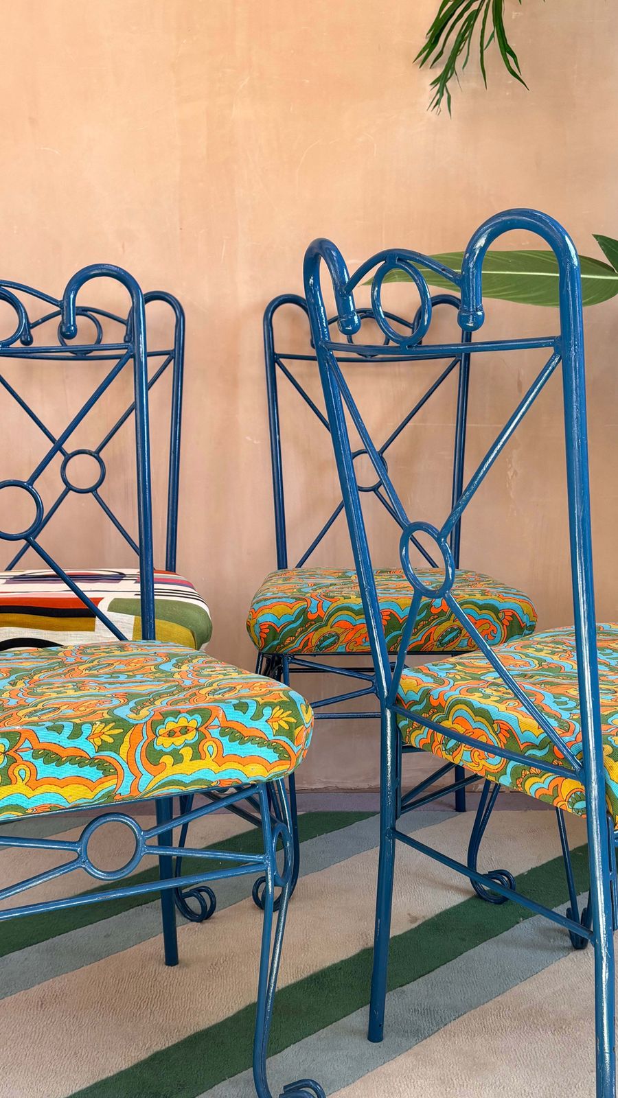 Set Of Four Midcentury Blue Iron Garden Chairs