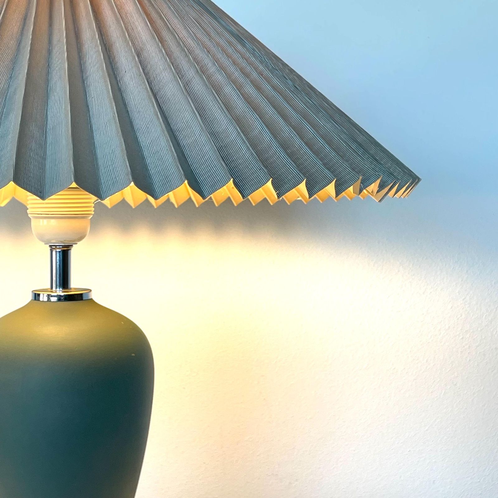 Vintage 1980s Danish Ceramic Table Lamp In Pale Turquoise With Turquoise Pleated Shade   Design From Odreco Denmark photo for sale