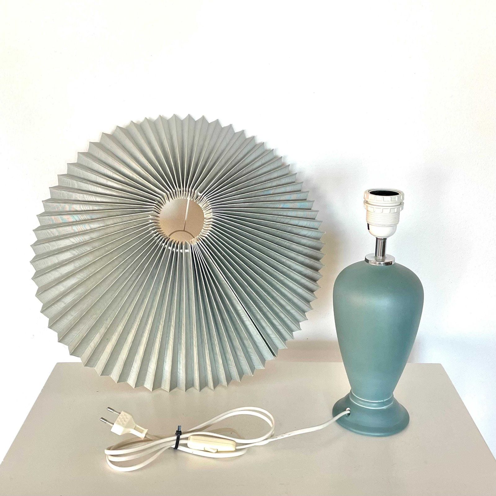 Vintage 1980s Danish Ceramic Table Lamp In Pale Turquoise With Turquoise Pleated Shade   Design From Odreco Denmark photo vinterior