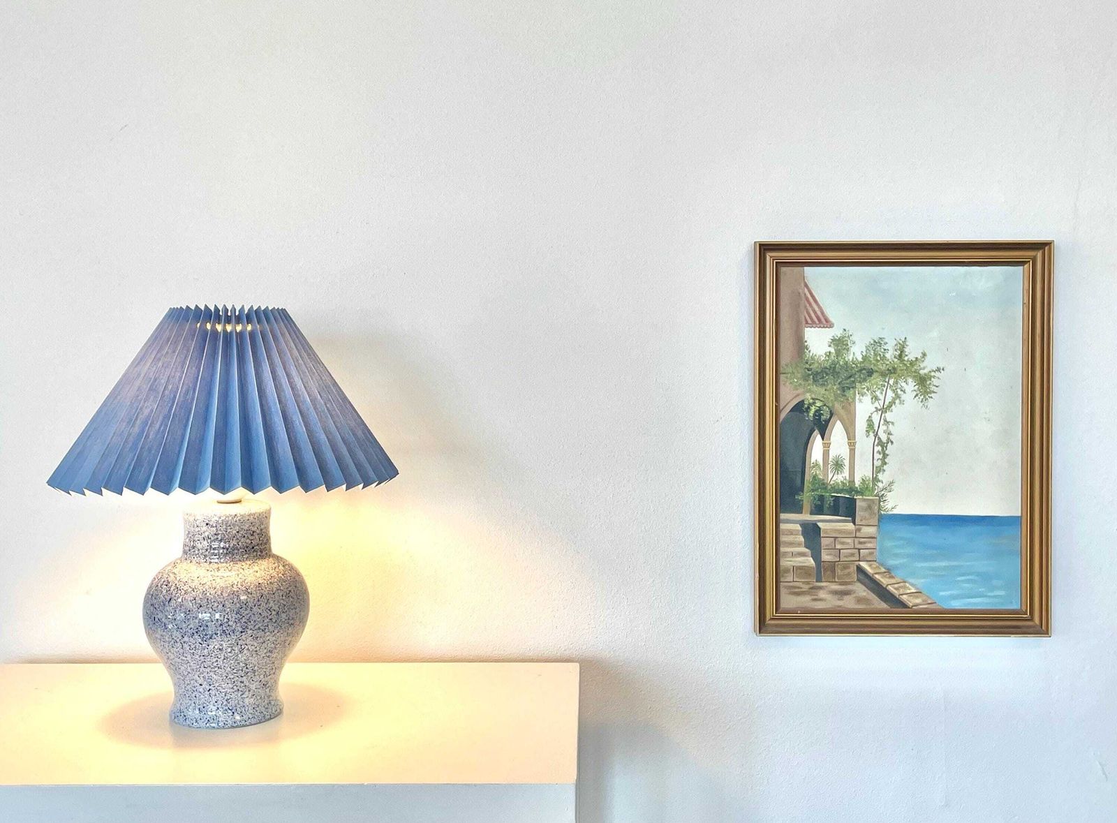 Vintage 1980s Danish Postmodern Design Porcelain Table Lamp In Spotted Blue And White With Blue Pleated Fabric Shade photo furniture