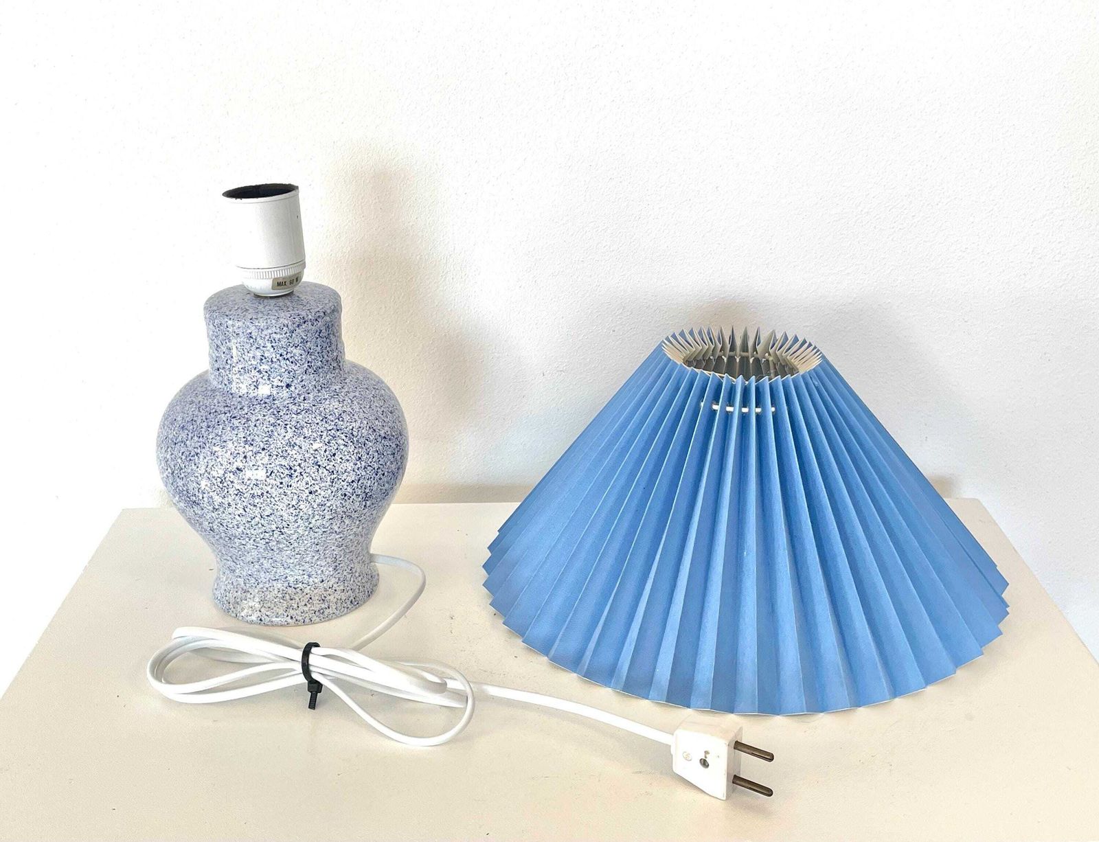Vintage 1980s Danish Postmodern Design Porcelain Table Lamp In Spotted Blue And White With Blue Pleated Fabric Shade photo vintage