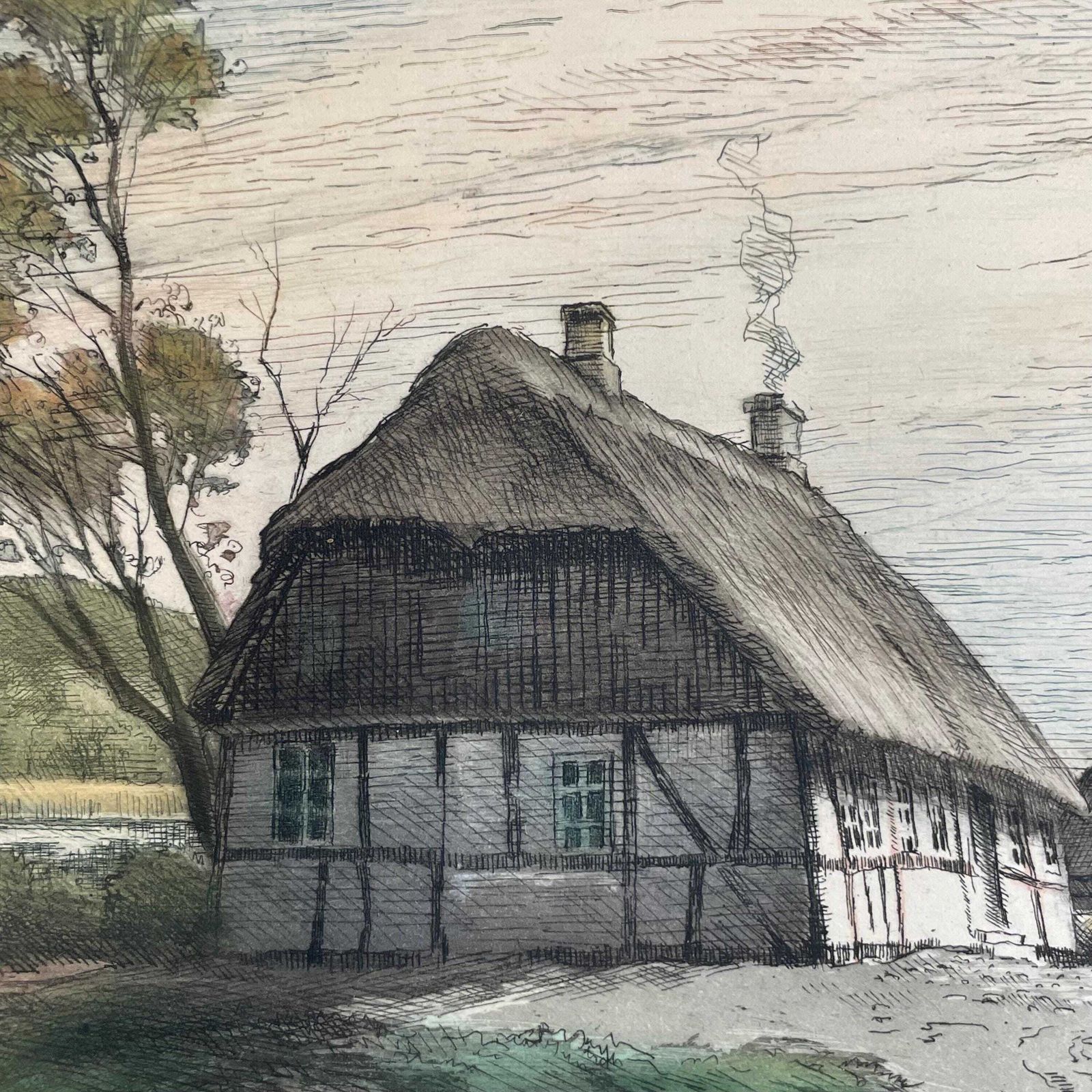 Early 20th Century Danish Handcoloured Etching From The 1930s By Peder Møller (1890 1961) With Motive Of Small Farm photo furniture