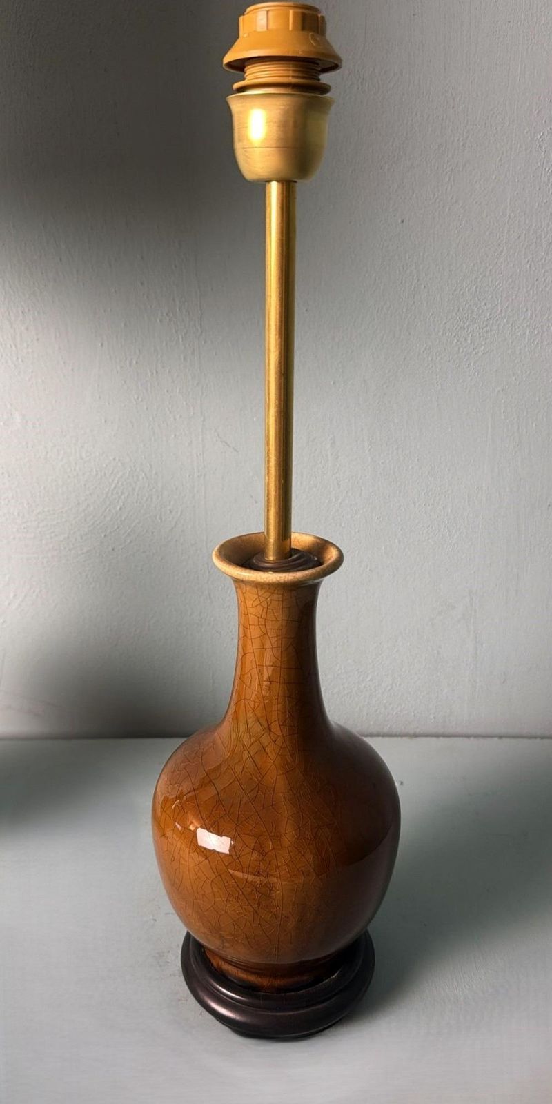 photo for sale Pair Of Chinese Crackle Glazed Porcelain Lamps With Wooden Base And Lampshades