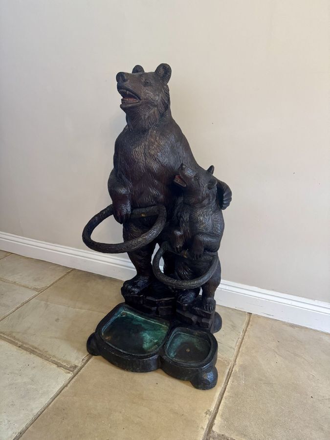 Fantastic Quality Large Antique Black Forest Carved Bear Double Stick Stand photo vinterior
