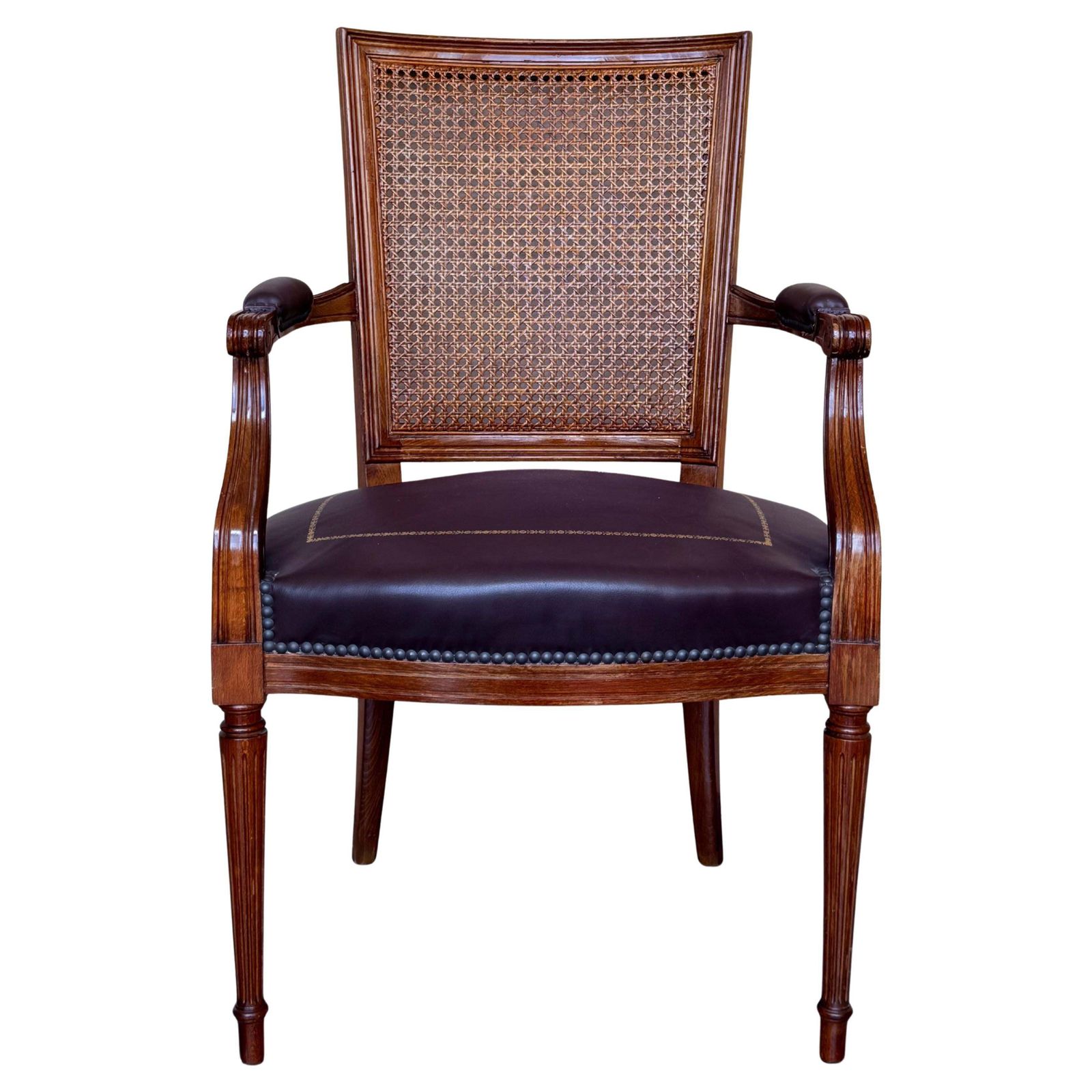 Spanish Early 20th Century Wooden Fauteuil Armchair With Leather Seat