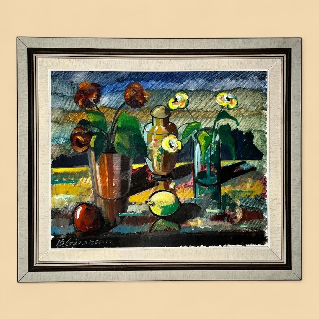 Still Life With Potted Plant, Large Oil On Canvas Painting