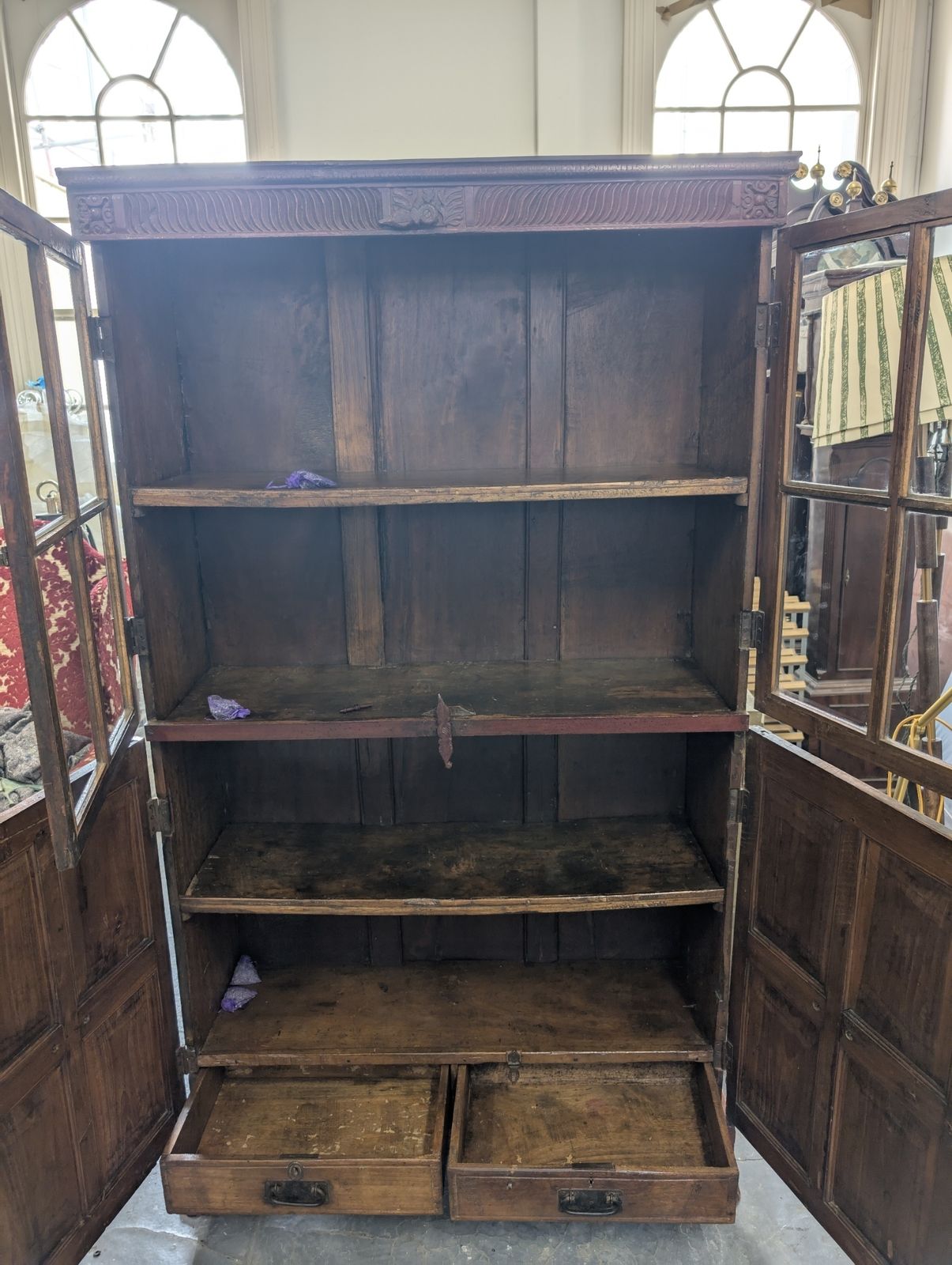 Furniture For Sale From North India Glazed Teak Almirah Cabinet With Sunburst Panels 19th Century photo furniture