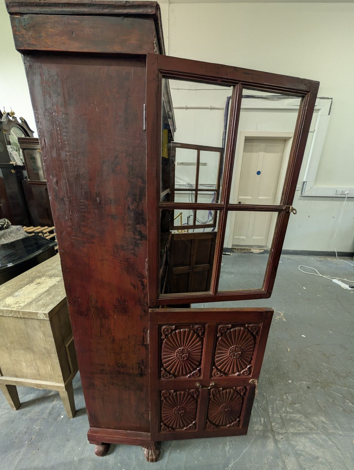 Furniture For Sale From North India Glazed Teak Almirah Cabinet With Sunburst Panels 19th Century photo 1500.0