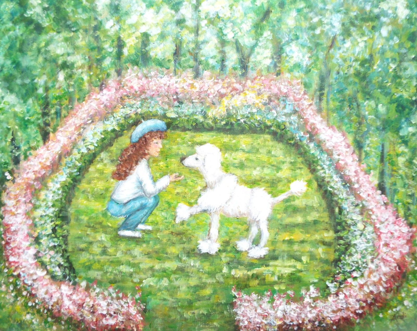 Girl & French Poodle Parisian Park Garden Original Framed Painting Andi Lucas photo 280.0