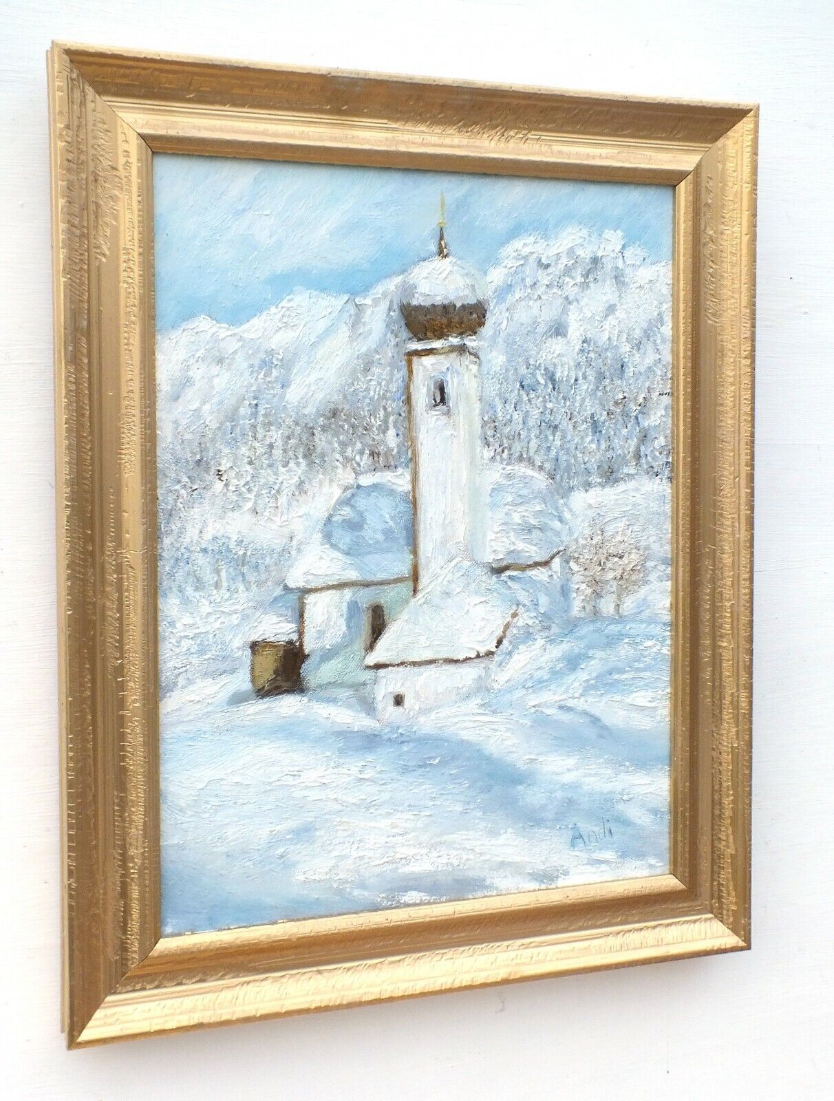 Austrian Church Winter Landscape Alpine Mountains Oil Painting Framed Andi Lucas photo for sale