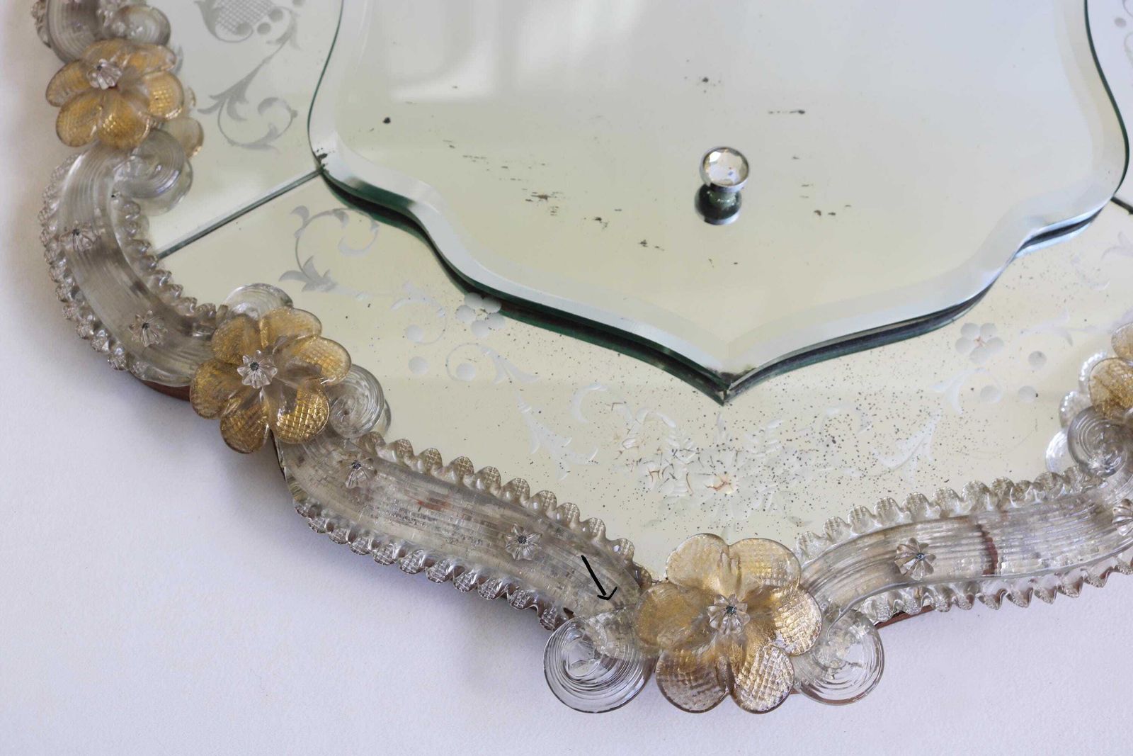Grote Italiaanse Venetiaanse Murano Glazen Spiegel Gegraveerd Handgemaakt Handgeblazen Bloemen Mid Century Jaren 1950 photo buy