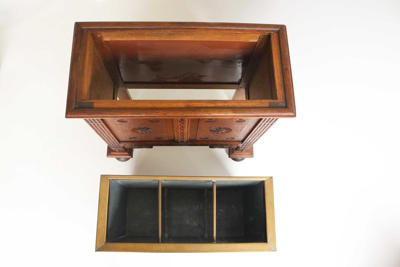 Antique Oak Neo Renaissance Style Stick Or Umbrella Stand With Zinc Liner, Dutch 1900s photo vintage