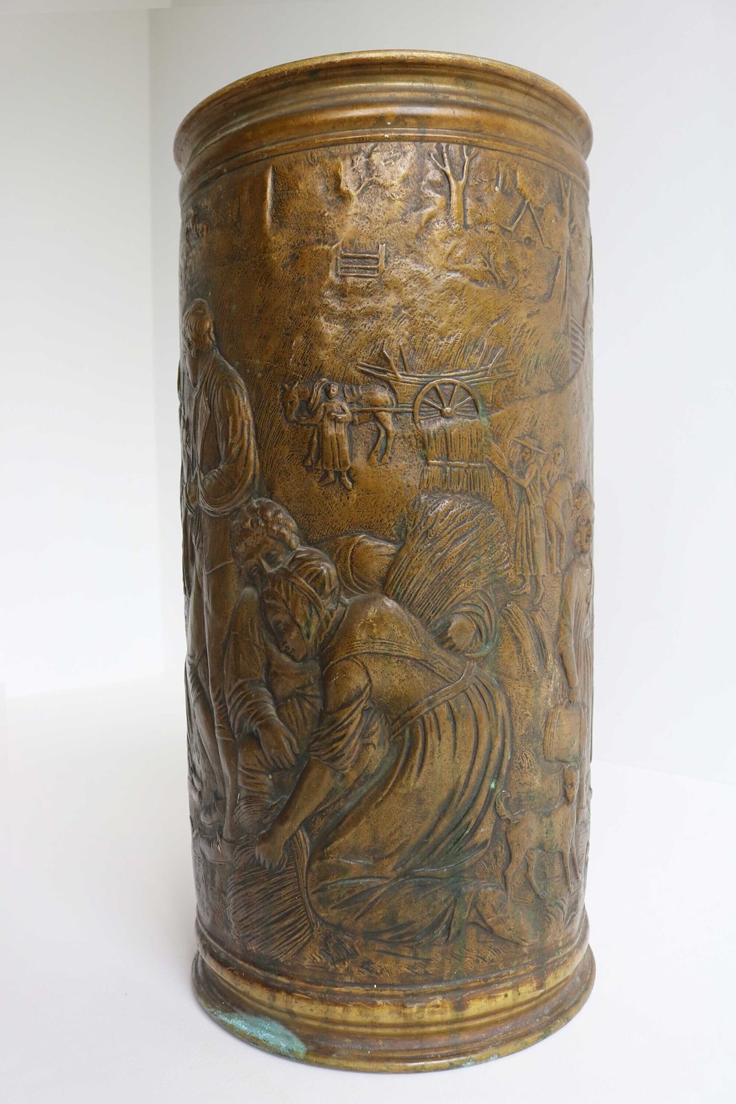 Antique Handcrafted Round Embossed Walking Stick Stand Umbrella Stand Umbrella Holder Craftsmanship Peasants Scene Entryway 1930s photo buy