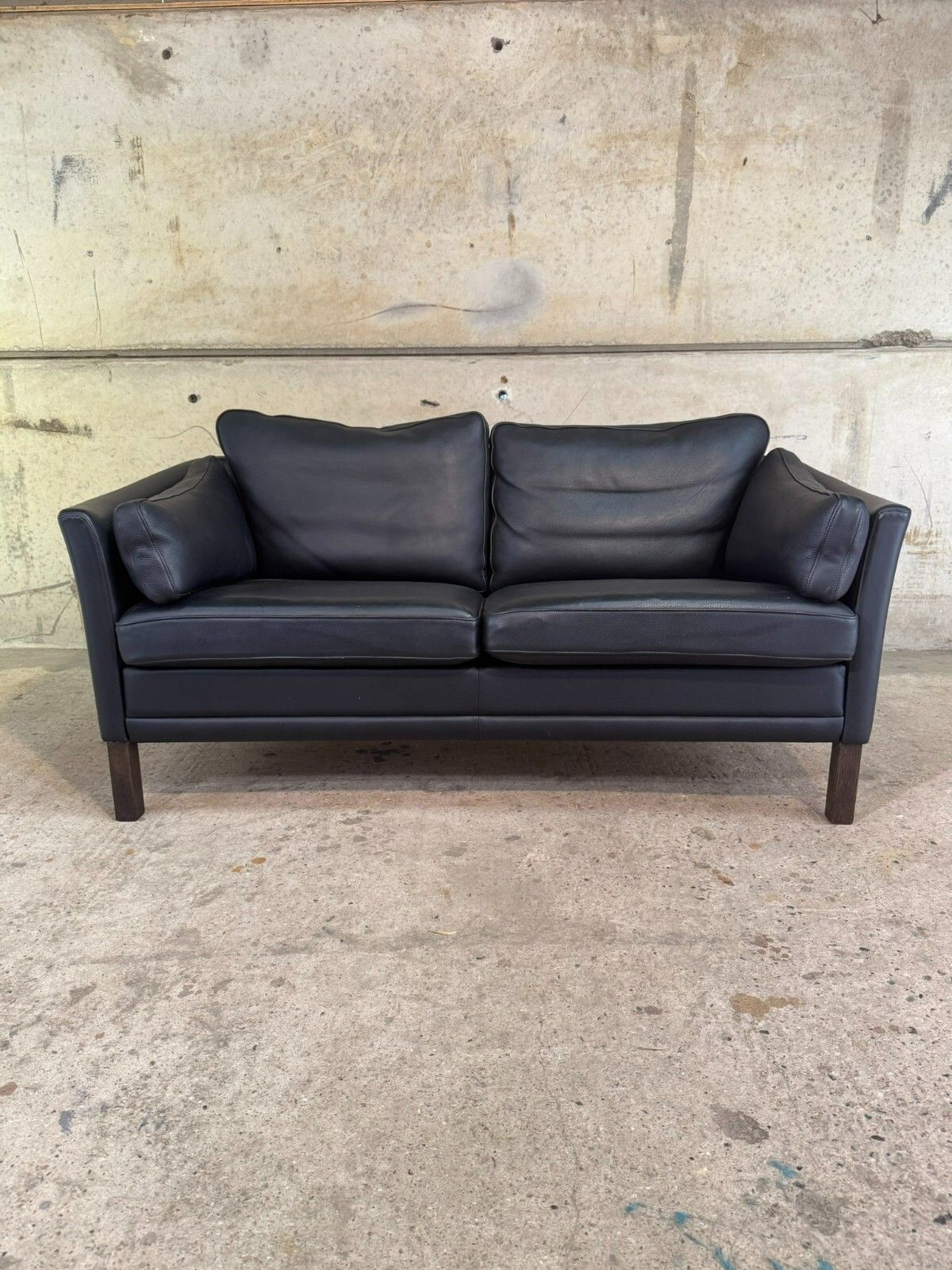 Vintage Danish Mogens Hansen Two Seater Black Leather Sofa #A553