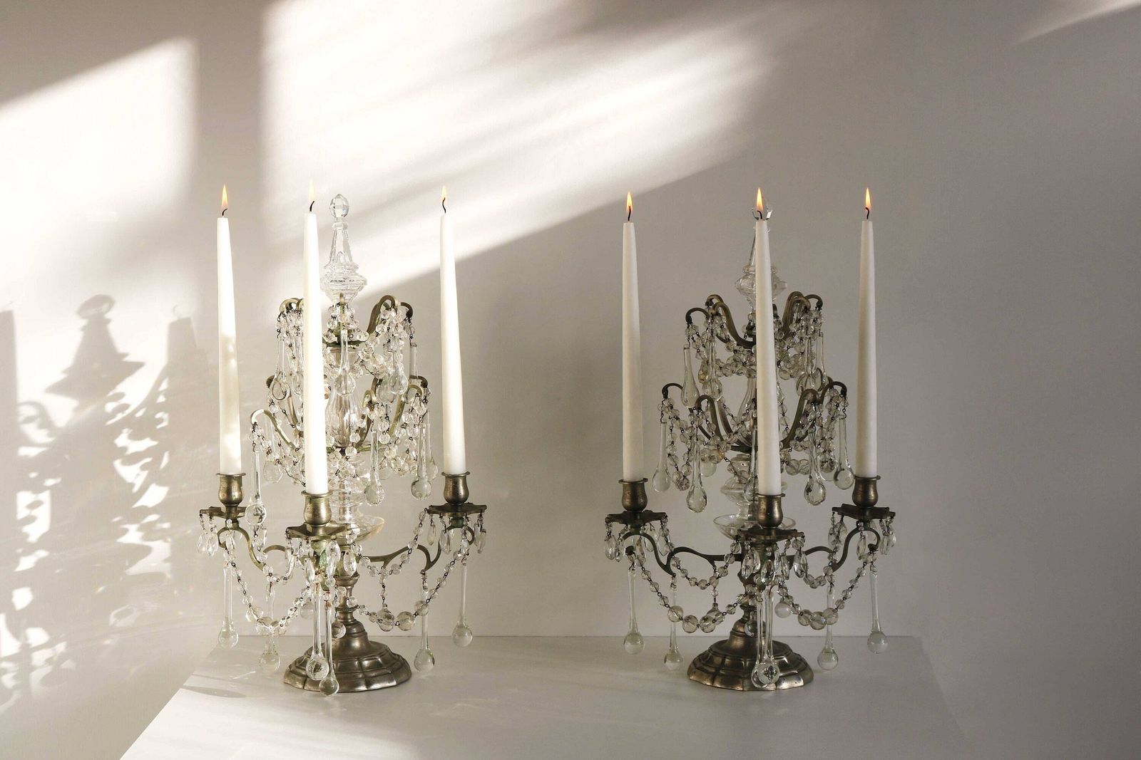 Beautiful Pair Of Antique French Plated Brass And Crystal Girandoles Three Armed Candelabras Candlelight Candelabra Christmas Lighting