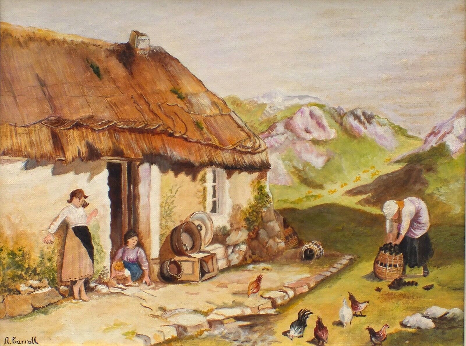 Thatched Cottage Landscape Derbyshire Children Vintage Oil Painting Framed photo furniture