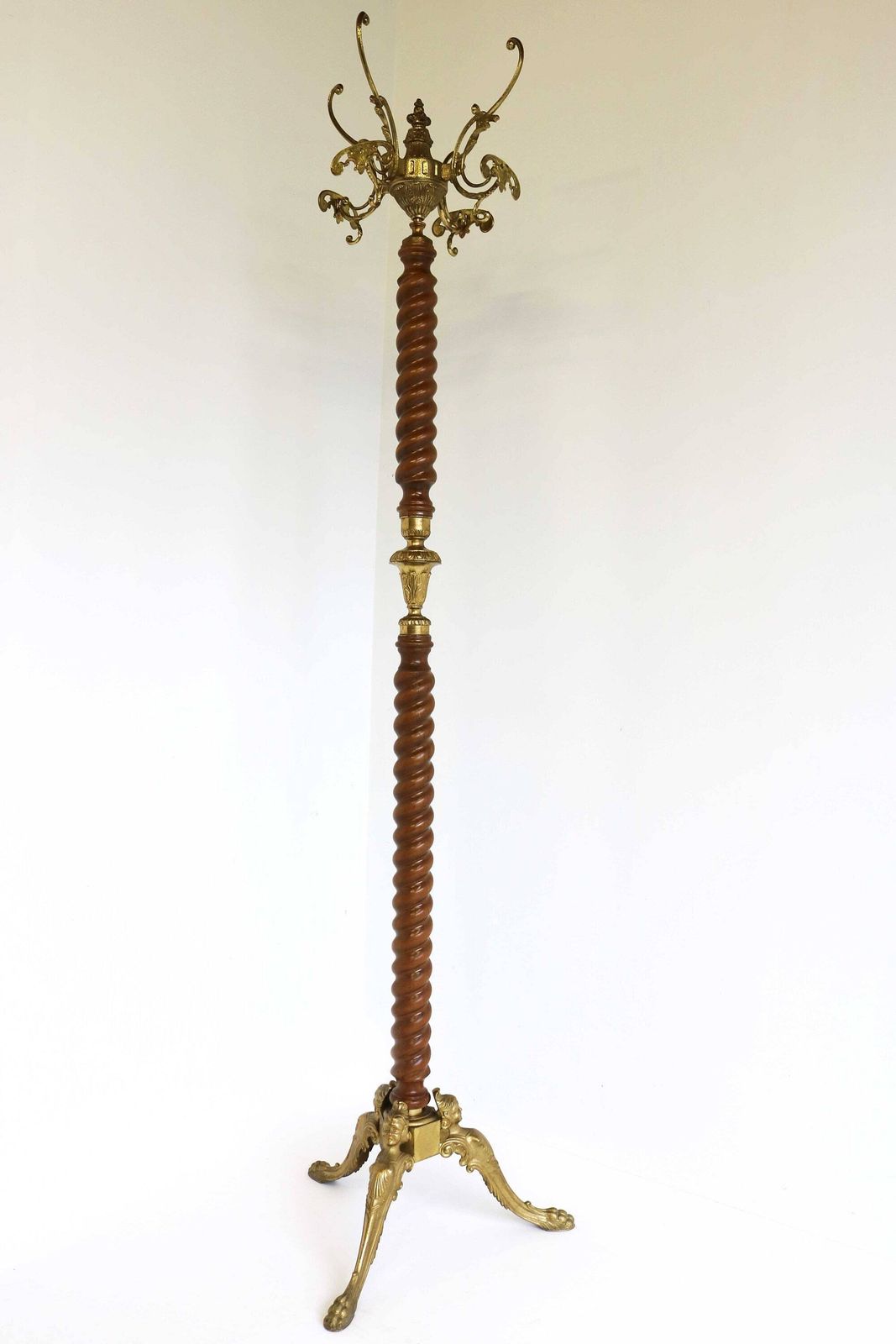 Twisted Wood & Ornate Brass Italian Coat Hat Rack Hall Tree Floor Stand Hollywood Regency Vintage Women's Faces Bedroom Furniture 50s