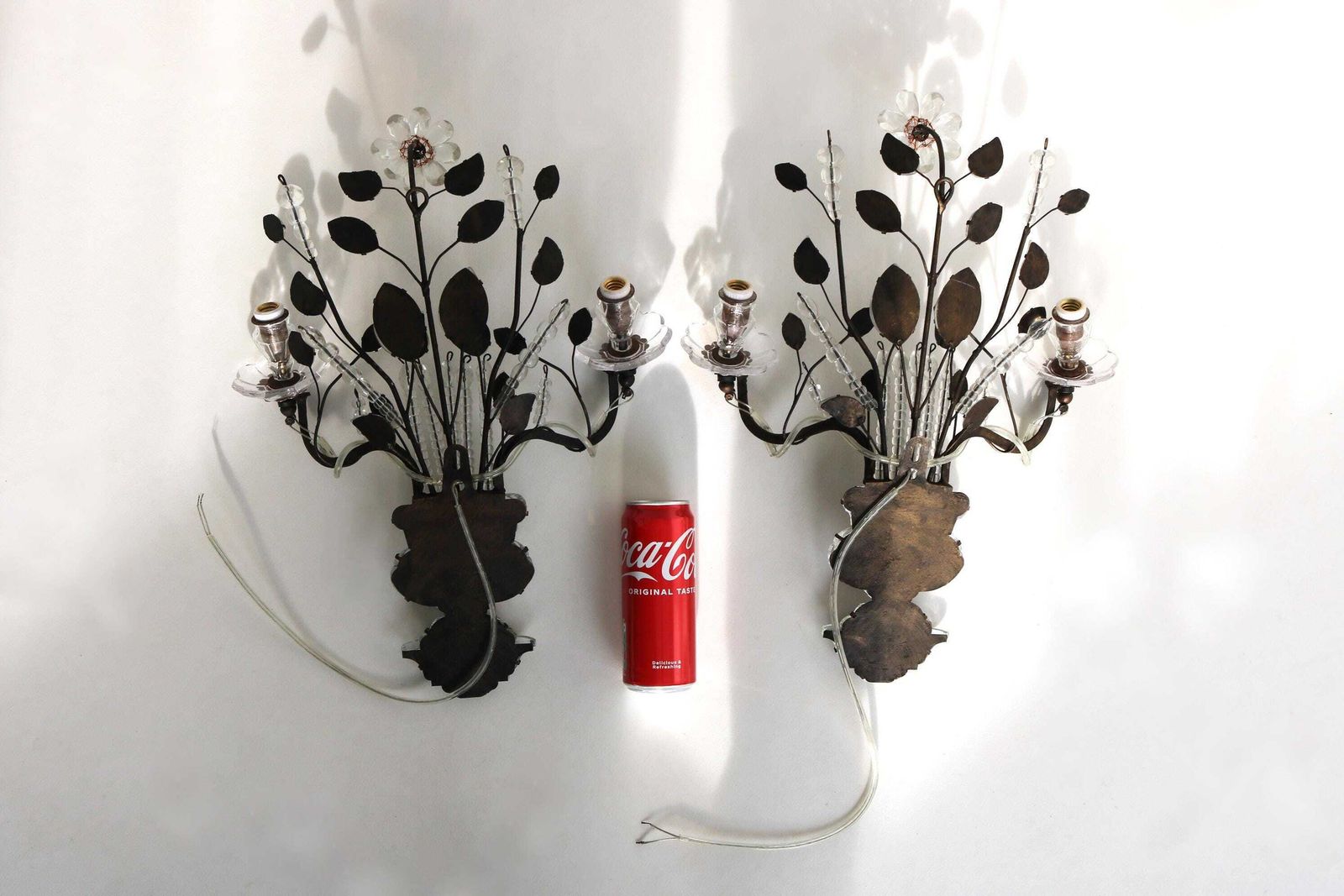 photo for sale Pair Of Vintage Maison Baguès Paris Wall Sconces French Couple Grystal And Iron Wall Lights Flowers And Leaves Early 20th Century