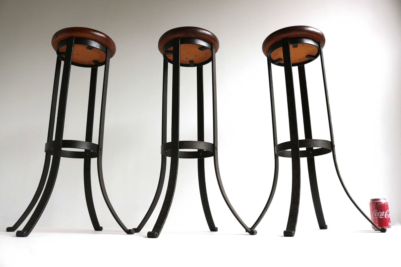 photo for sale Vintage Brutalist Bar Stools Set Of 3 Three Mid Century Oak Wrought Iron Man Cave Industrial Home Bar Furniture Rustic Height Stools 60s