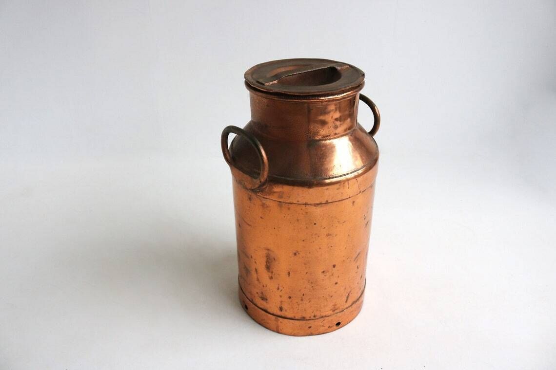 Authentic Antique Copper Plated Milk Jar Handles Umbrella Stand Holder 1880  1900s Country Style Can Farm Late 19th Century Milk Container