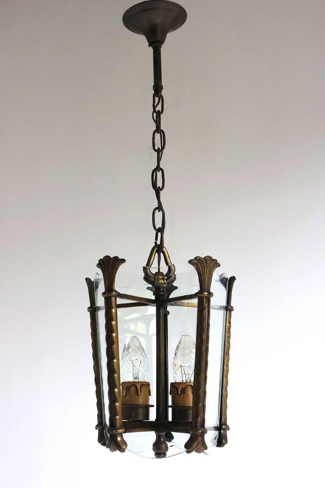 Antique Art Nouveau Bronze Lantern With Beveled Glass Panels Handcrafted Vintage French Entryway Hall Ceiling Light Pendant Brass Ca. 1900