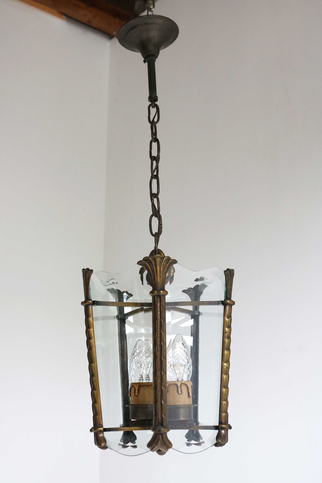 Antique Art Nouveau Bronze Lantern With Beveled Glass Panels Handcrafted Vintage French Entryway Hall Ceiling Light Pendant Brass Ca. 1900 photo for sale