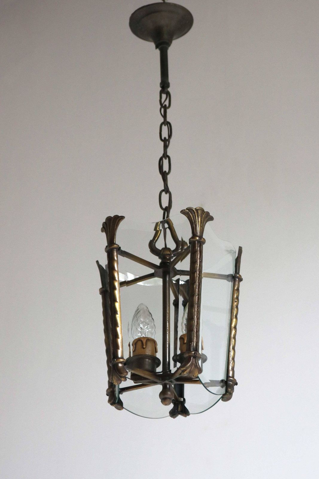 Antique Art Nouveau Bronze Lantern With Beveled Glass Panels Handcrafted Vintage French Entryway Hall Ceiling Light Pendant Brass Ca. 1900 photo 1254.0