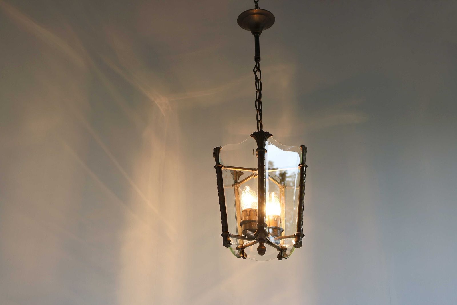 Antique Art Nouveau Bronze Lantern With Beveled Glass Panels Handcrafted Vintage French Entryway Hall Ceiling Light Pendant Brass Ca. 1900 photo buy