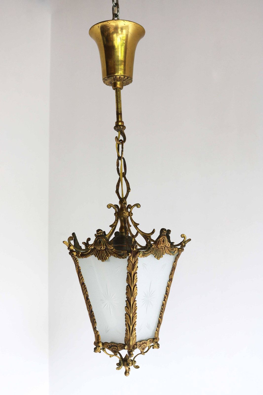 Antique French Rococo Style Brass And Frosted Etched Starburst Glass Lantern Hall Light Vestibule Ceiling Lamp French Provincial, Ca. 1900s photo for sale