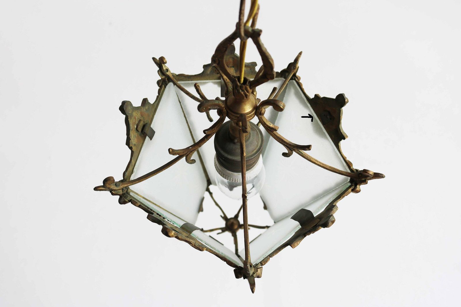 photo for sale Antique French Rococo Style Brass And Frosted Etched Starburst Glass Lantern Hall Light Vestibule Ceiling Lamp French Provincial, Ca. 1900s