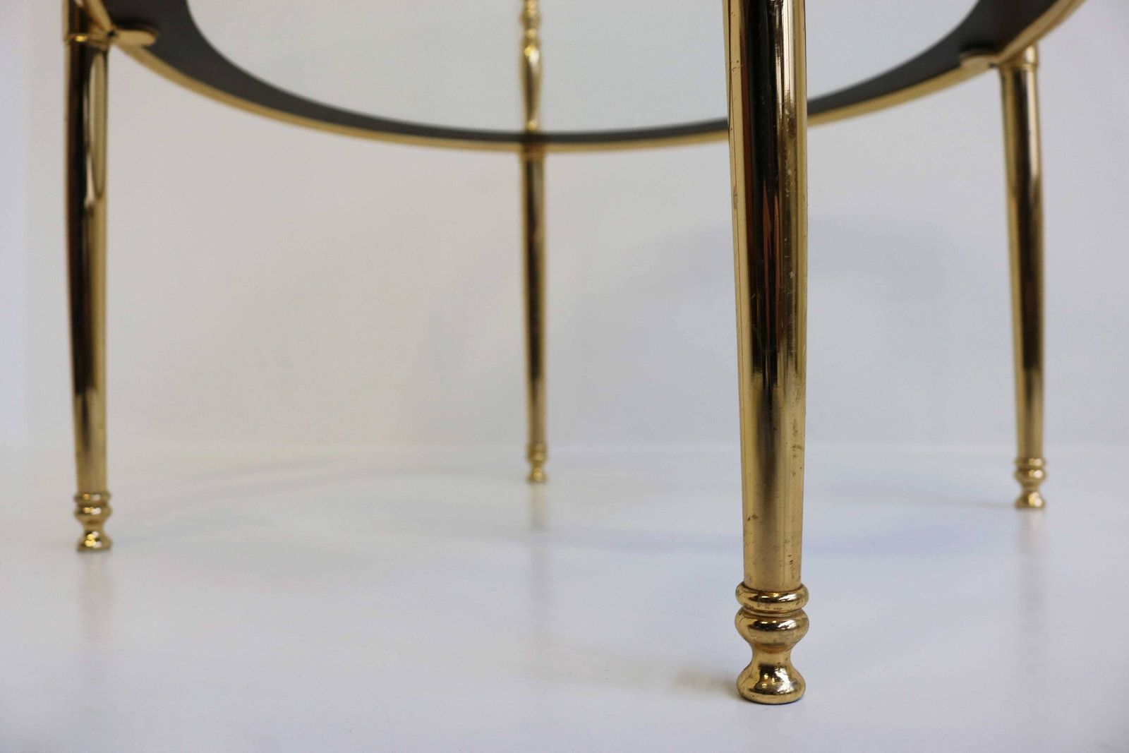 Round Brass Side Table With Glass Shelves Surrounded By A Silvered Mirror French. Circa 1970 Hollywood Regency Golden Coffee Table End Table photo vinterior
