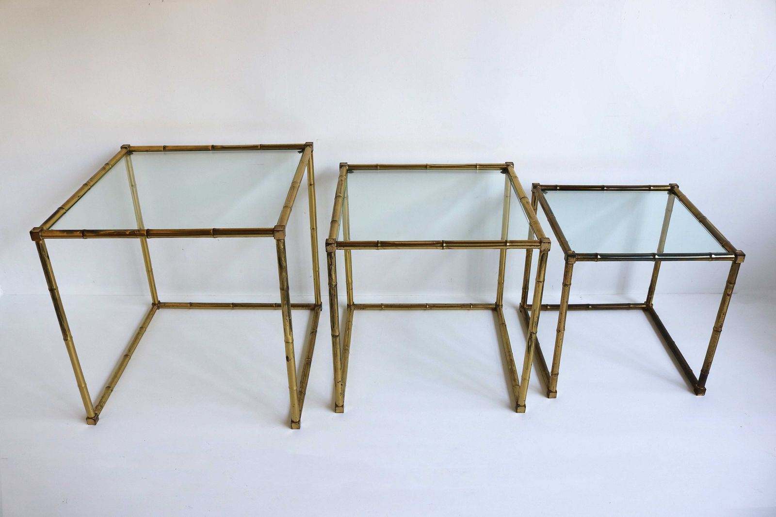 Brass Faux Bamboo Italian Mid Modern Nesting Tables Glass Tops Vintage Side Tables Nest Of Three Occasional Tables Hollywood Regency 1970s photo Furniture