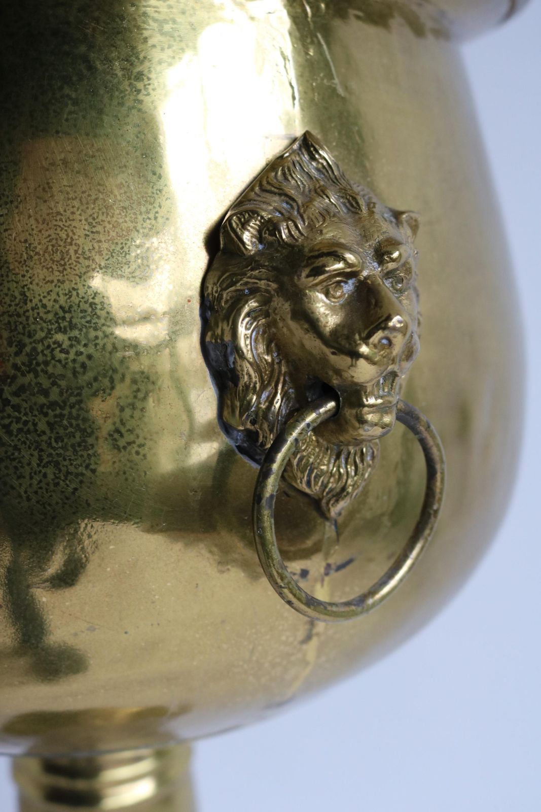 Antique Copper Jardiniere On Stand Floral And Lion Head Decor Standing Brass Flowerpot Plant Stand Ice Bucket Wine Cooler On Stand 1900s photo buy