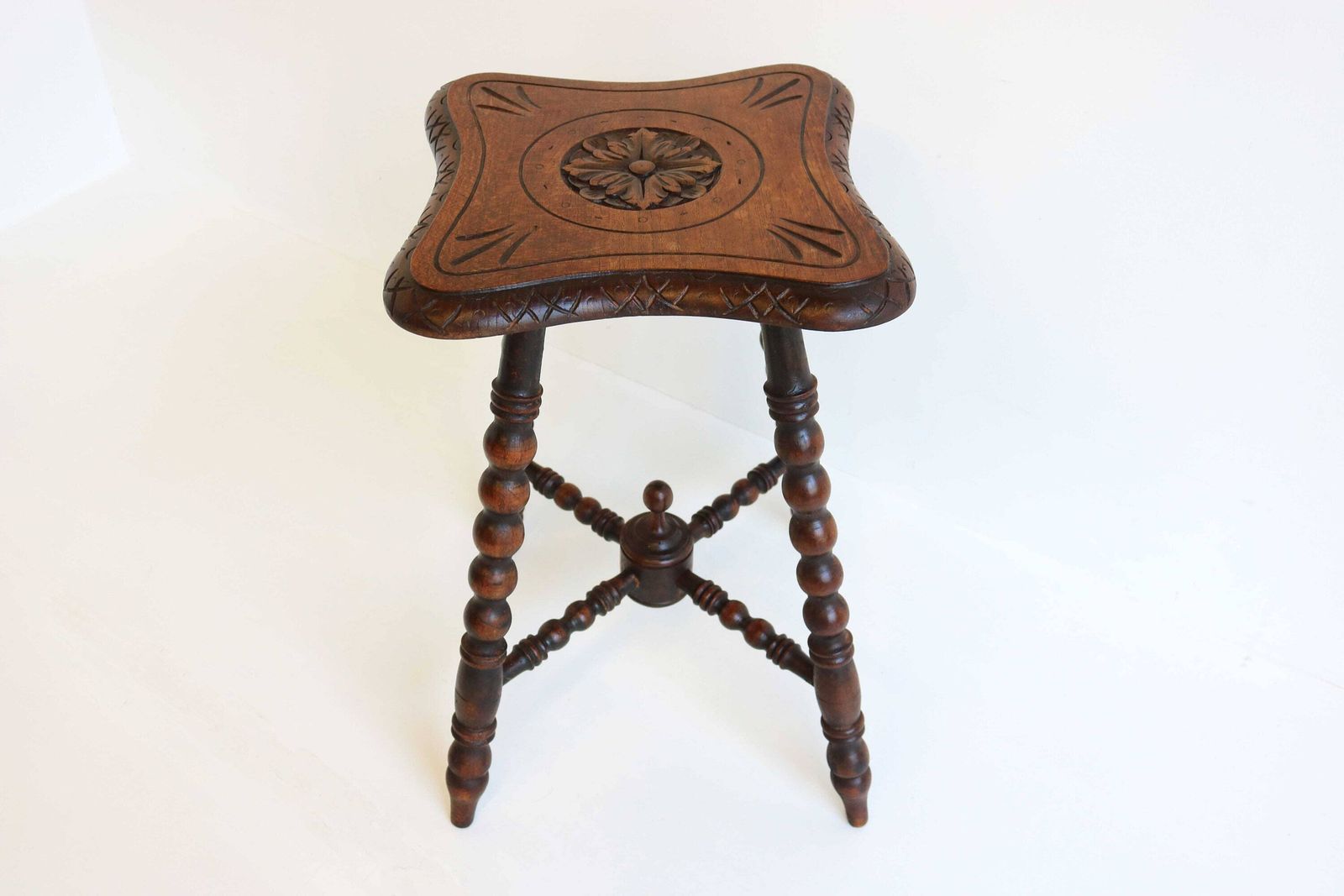English Oak Stool, 19th Century Antique Victorian Style Carved Wood Carved Stool Bobbin Stool Side Table Kettle Stand Craftsmanship photo for sale