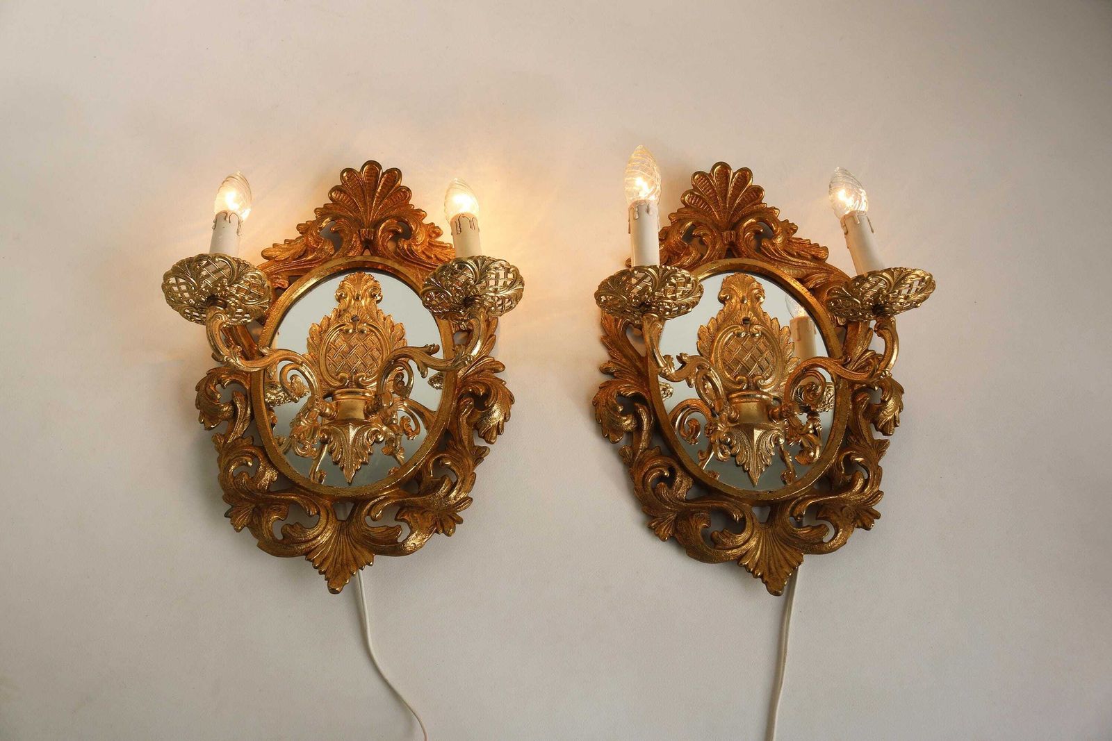 Couple French Mirror Back Double Arm Wall Sconces Ornate Gilt Brass Bronze Louis XV Style Ampliques Wall Lights Wall Lamps Midcentury 1950s photo for sale