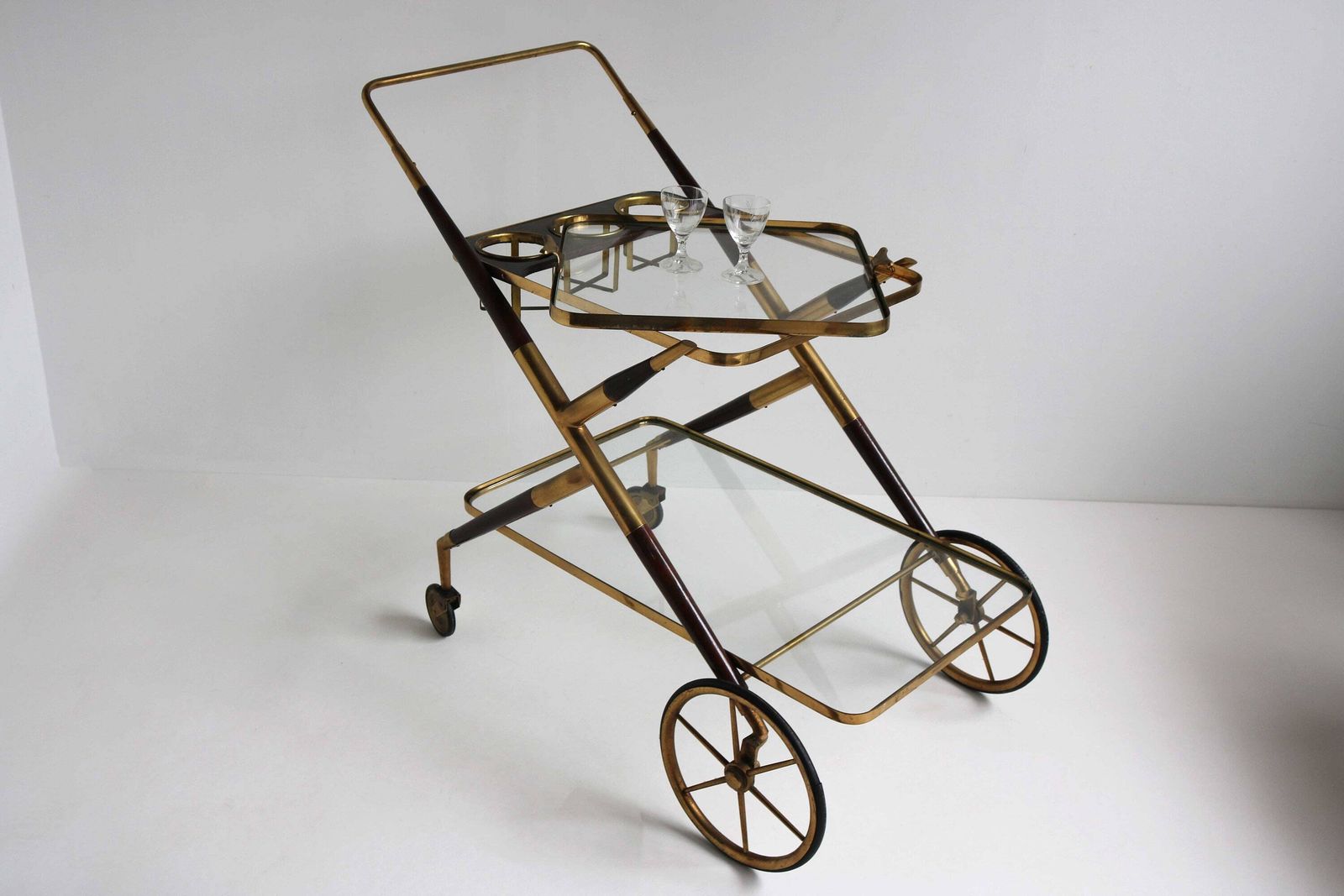 Mid Century Brass And Wood Italian Bar Cart Designed By Cesare Lacca 1957 Antique Side Table Serving Trolley Serving Tray Bottle Holder photo Furniture