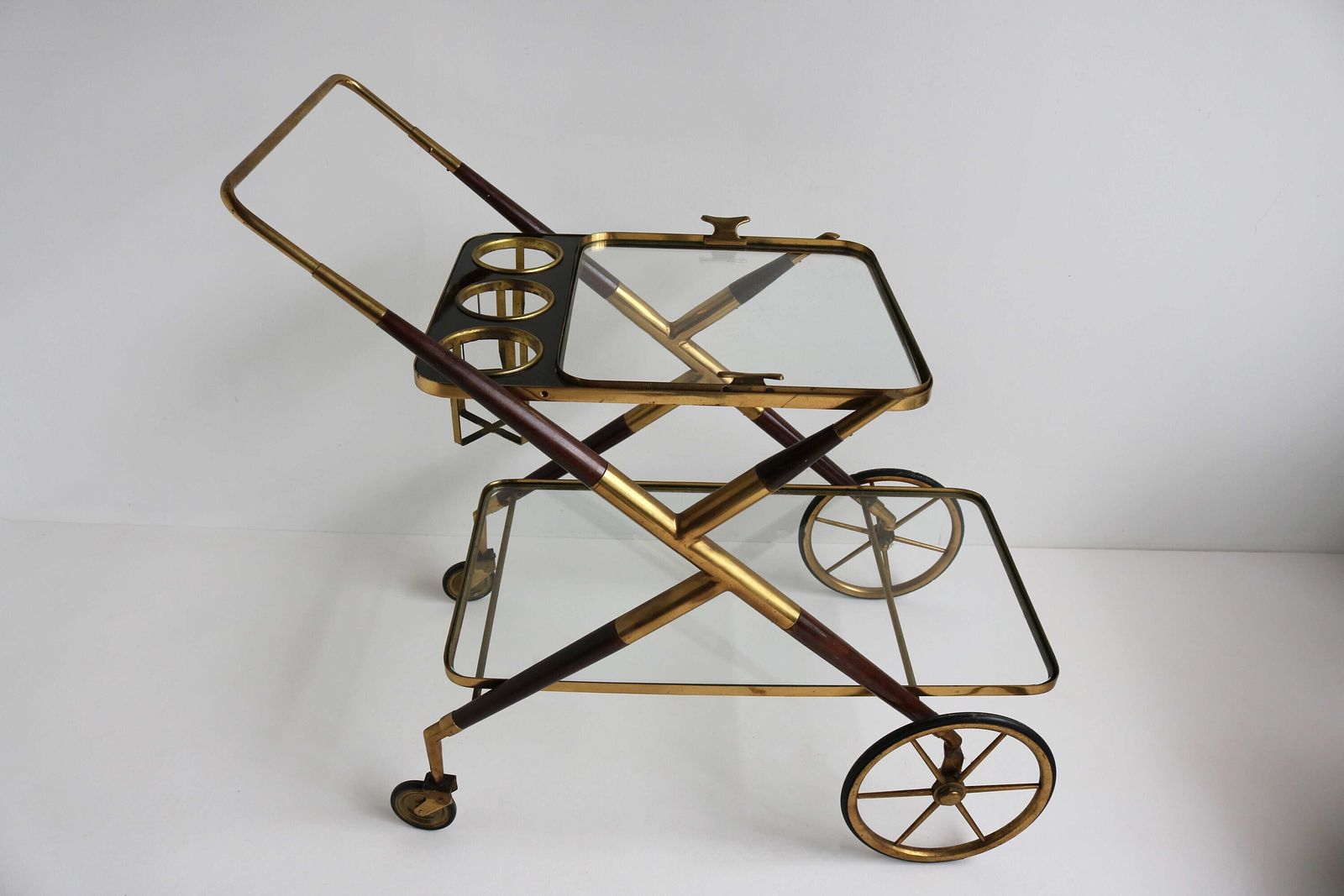 Mid Century Brass And Wood Italian Bar Cart Designed By Cesare Lacca 1957 Antique Side Table Serving Trolley Serving Tray Bottle Holder photo vintage