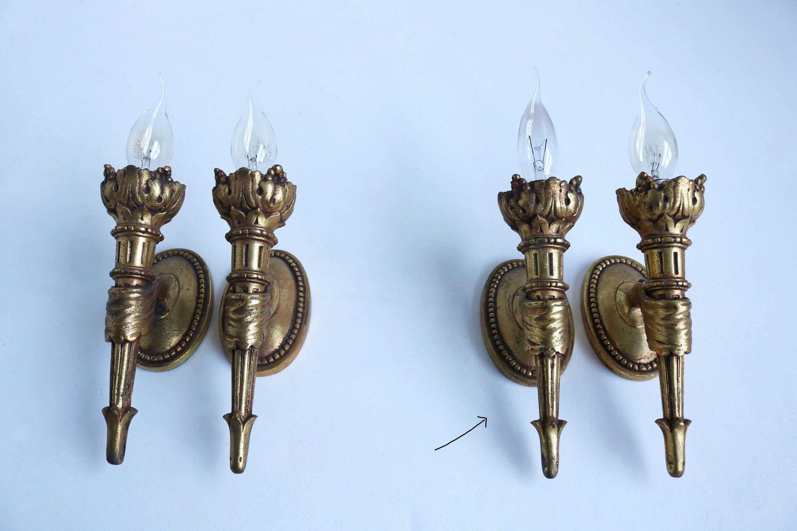 photo for sale Paar Antieke Franse Empire Stijl Bronzen Wandfakkels, Set Van Twee Wandlampen, Ca. Jaren 1900