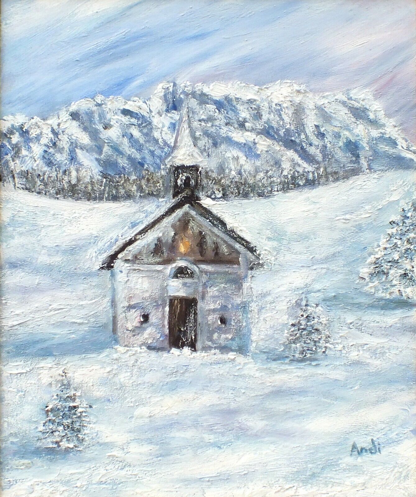 Alpine Church Winter Landscape Austrian Mountains Snow Scene Oil Painting Framed Andi Lucas photo furniture
