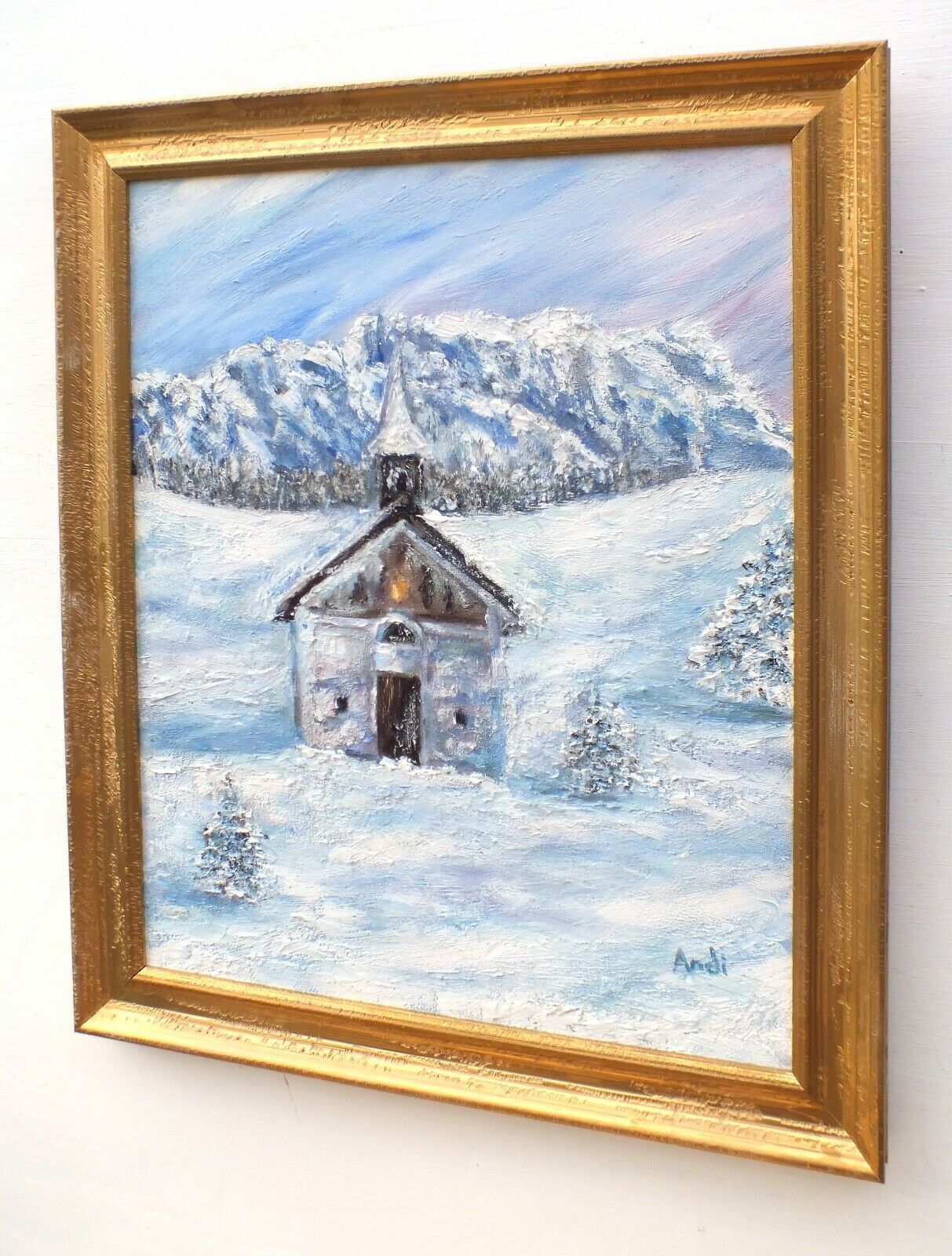 Alpine Church Winter Landscape Austrian Mountains Snow Scene Oil Painting Framed Andi Lucas photo for sale