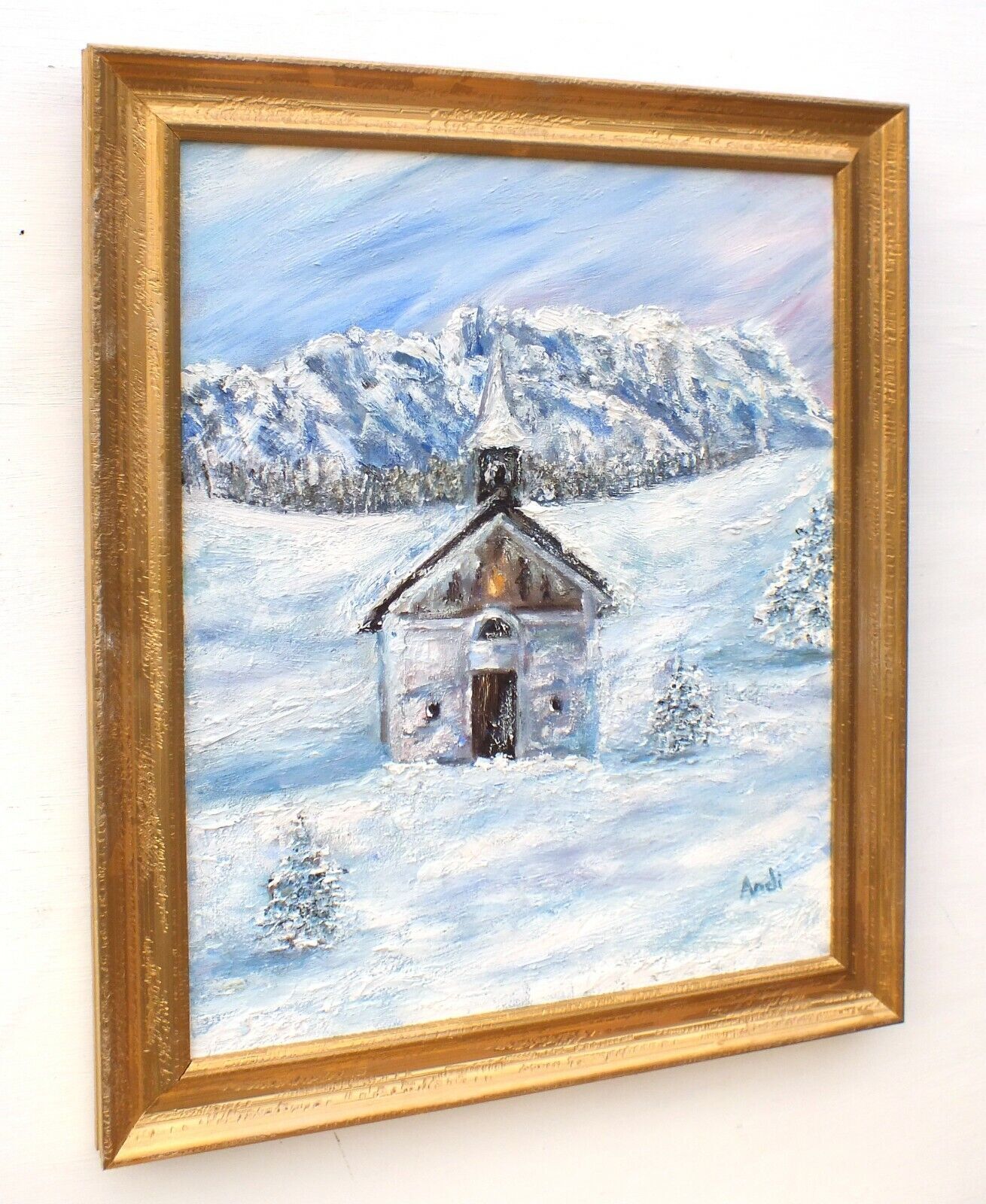 Alpine Church Winter Landscape Austrian Mountains Snow Scene Oil Painting Framed Andi Lucas photo Art