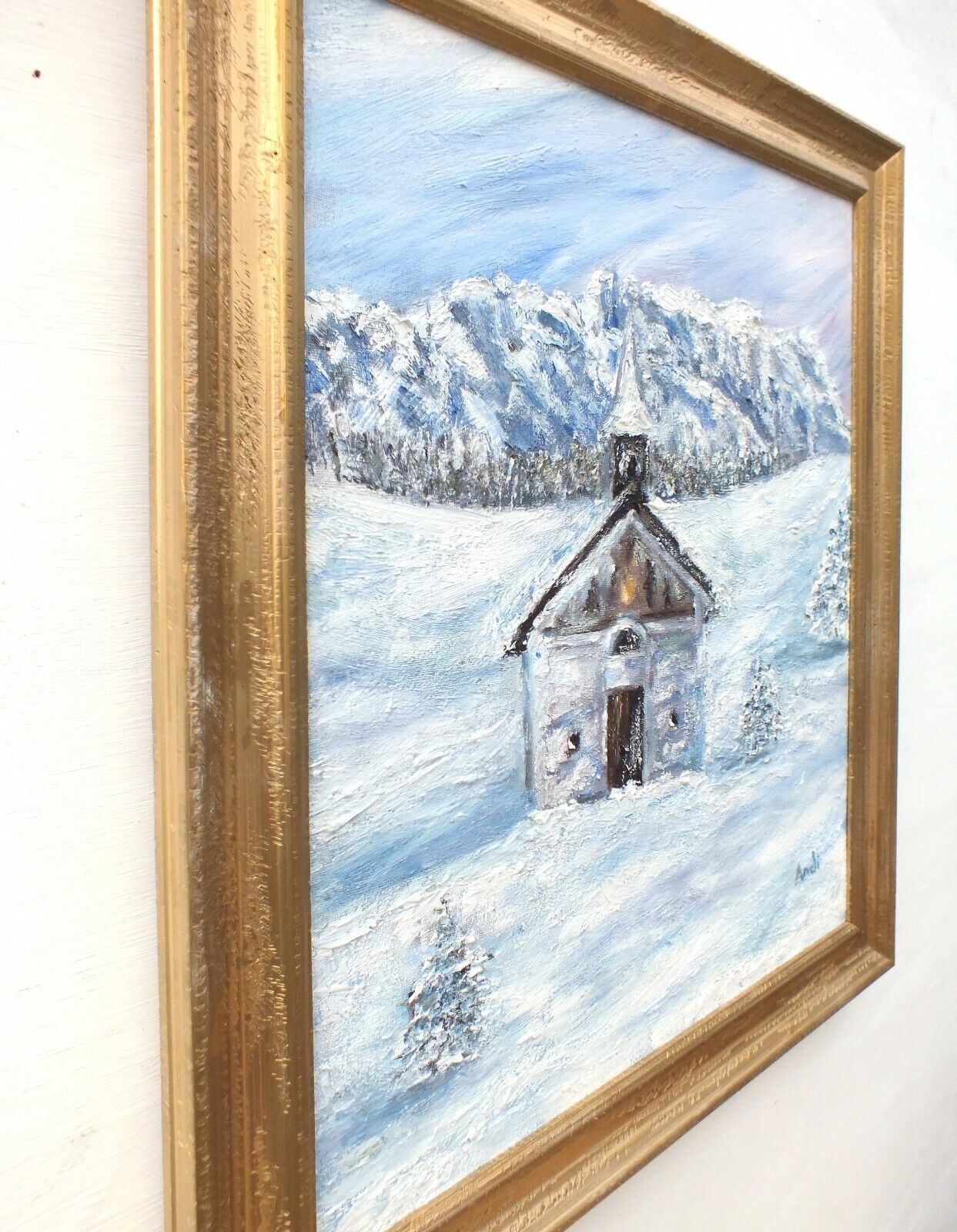 Alpine Church Winter Landscape Austrian Mountains Snow Scene Oil Painting Framed Andi Lucas photo buy